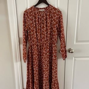 Loft burnt orange ditsy floral print midi dress women’s size M